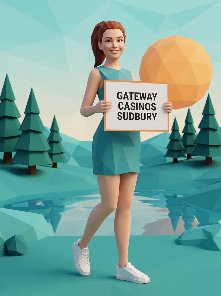 Generated picture: the guide's low-poly character, a young woman with an auburn ponytail in a teal faceted mini dress, stands on a faceted hill holding a white card that reads Gateway Casinos Sudbury; turquoise hills, a lake and an orange sun behind her.