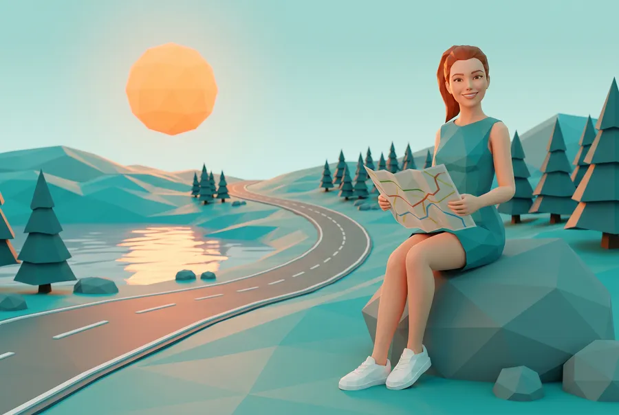 Generated picture: the guide's low-poly character sits on a faceted boulder with a paper map on her lap; turquoise hills, a lake and an empty winding road behind her.